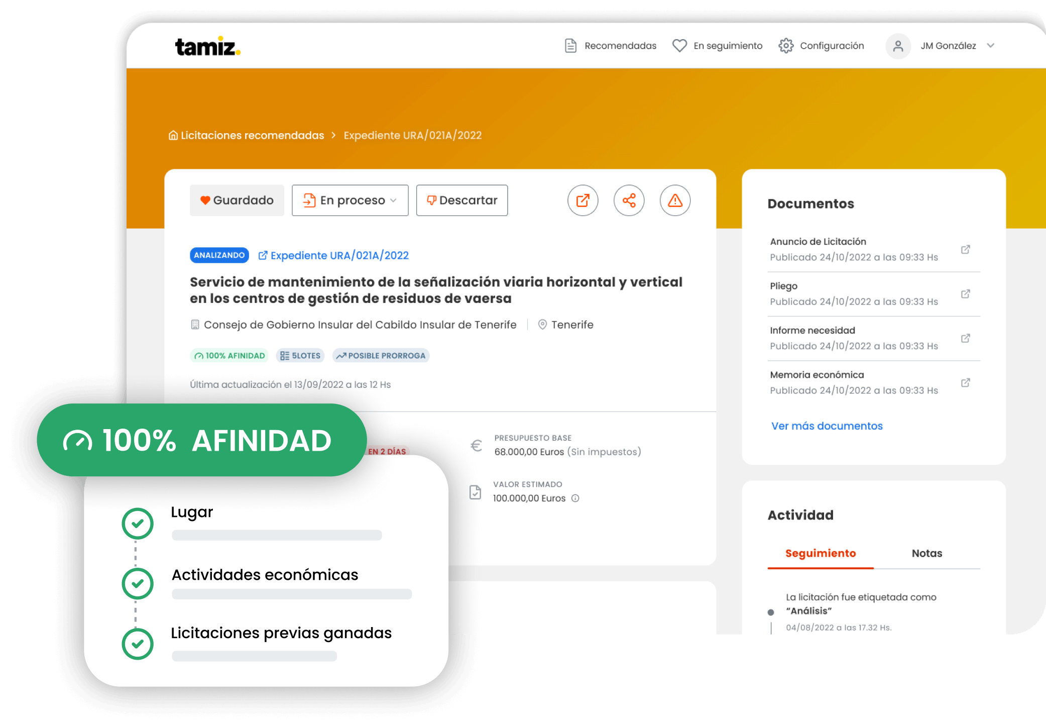 Captura de detalle de licitaciones y badget de afinidad